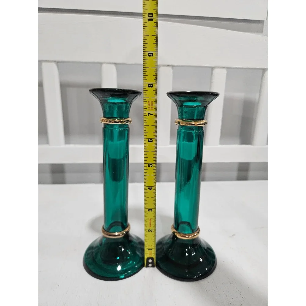Vtg Pier 1 Emerald Green Glass Blown Glass Candle Holders, Made in Spain, 7.75